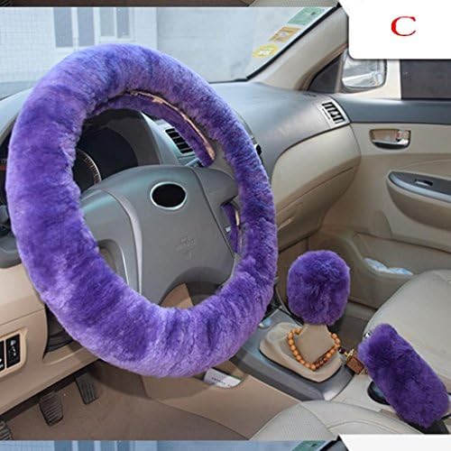 3 Pcs Set Soft Long Fuzzy Warm Steering Wheel Cover Artificial Wool Handbrake Car Accessory,Tuscom (Steering Wheel Diameter:38cm, C)