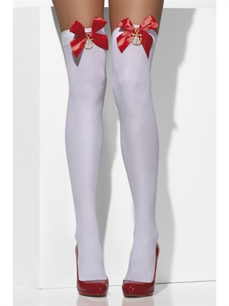 Smiffys Opaque Hold Ups with Bows and Anchors (White)