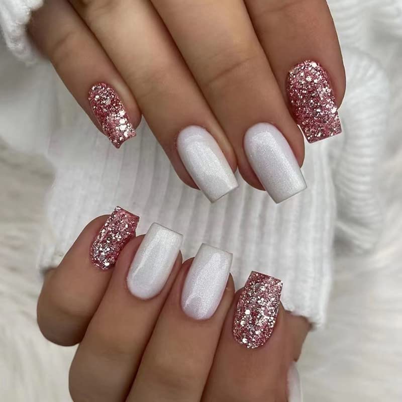 Vatocu Square False Nails - Short White Glitter Pink Press On French Fake Nails, Bling Glossy Acrylic Stick On for Women and Girls (24pcs) — image 1