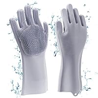 Familamb Silicone Gloves with Wash Scrubber Non-slip Magic Latex Gloves for Household Cleaning Great for Protecting Hands in Dishwashing Car Washing Kitchen Bathroom Cleaning Grey