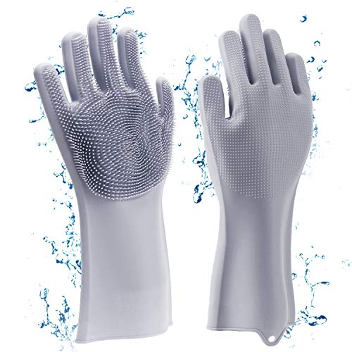 Familighter Silicone Gloves with Wash Scrubber Non-slip Magic Latex Gloves for Household Cleaning Great for Protecting Hands in Dishwashing Car Washing Kitchen Bathroom Cleaning Grey - Thumbnail 6