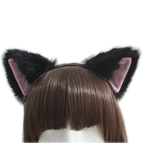 E-TING Cat Fox Long Fur Ears Anime Cosplay Headband Halloween Cosplay Party Costume ( Black with Pin