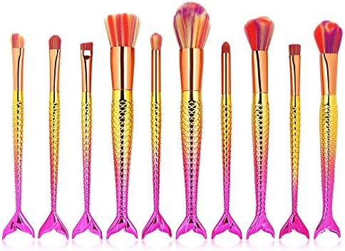 Iskas 10pcs Mermaid Makeup Brushes Set Colorful Soft Nylon Bristles Brush Make Up Kit Foundation Blending Blush Concealer Cosmetic Beauty Tools - Rainbow Gradient