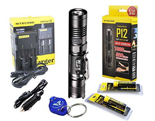 Exclusive Premium Rechargeable Bundle: 2015 Version Nitecore P12 1000 Lumens Compact Tactical LED Flashlight, Two Nitecore 18650, Nitecore I2 Smart Charger, Car Adapter and Bright Lumentac Keychain Light