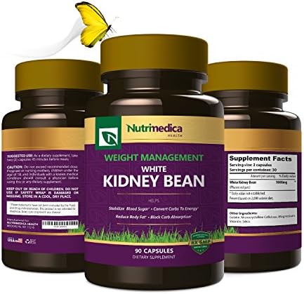 White Kidney Bean Dietary Supplement – Helps Block Carbohydrates, Suppress Appetite &amp; Burn Fat - All Natural Vegetable Based - 90 Capsules - By Nutrimedica