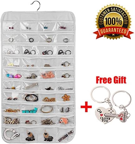 XeaGiasy Hanging Jewelry Organizer For Women, Accessories Organizer Closet Wall Jewelry Holder With 80 Pockets, 2 Sides (White)