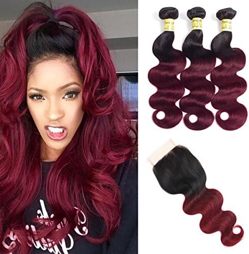 Cheng Zhuang 8A Ombre Brazilian Virgin Hair Two Tone 1B/99J Body Wave 3 Bundles with 4x4 Lace Closure with Baby Hair (18" 18" 18" & Closure 16")100% Unprocessed Hair Extension