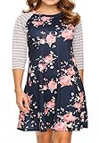 Womens 3/4 Striped Sleeve Floral Print Swing Shift Casual Midi Tshirt Dress