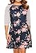 Womens 3/4 Striped Sleeve Floral Print Swing Shift Casual Midi Tshirt Dress