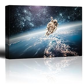 Courageous Astronaut Floating Around in Space with View to Planet Earth - Canvas Art Home Art - 12x18 inches