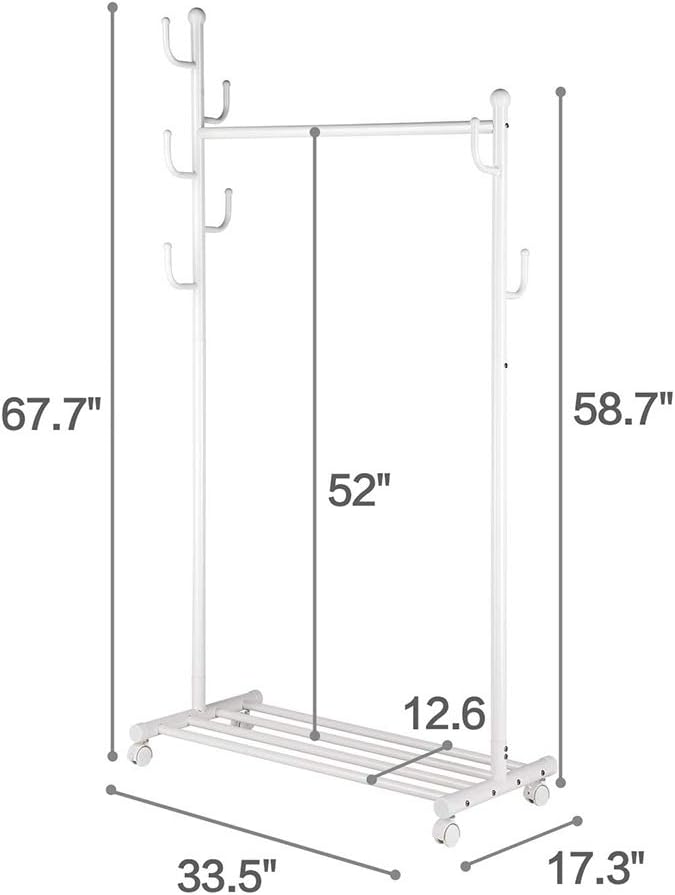 SINGAYE Clothes Rack 2-in-1 Coat Rack Rolling Garment Rack with Bottom Shelves, 7 Side Hooks, Lockable Wheels, Rolling Closet Organizer (White): Home & Kitchen