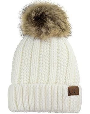 Thick Cable Knit Faux Fuzzy Fur Pom Fleece Lined Skull Cap Cuff Beanie