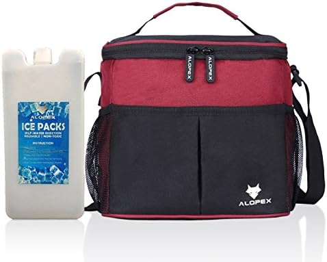 Insulated Lunch Bag Work Lunch box Cooler for Men Women School Kids w/ Shoulder Strap BONUS Icepack, Black/Red