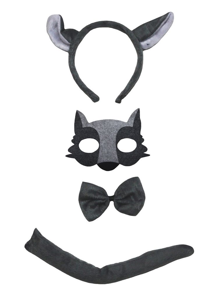 Petitebelle Wolf Headband Mask Bowtie Tail 4pc Children Costume 1-5y (Grey, One Size)