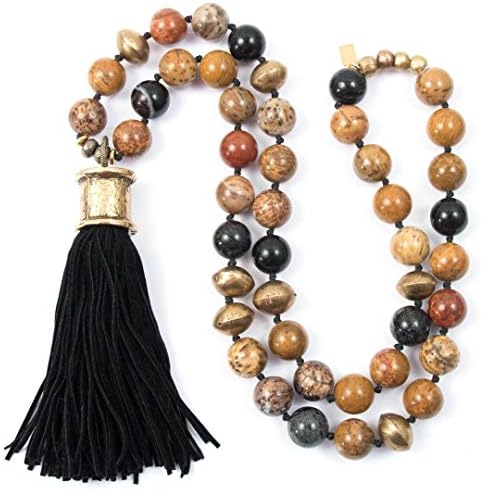 Black Suede Tassel Pendant with Hand-Knotted Petrified Wood and Mali Brass - 33 Inches Long Handmade Necklace by Miller Mae Designs