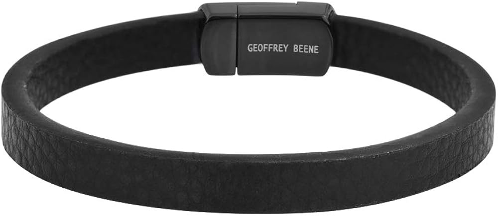 Geoffrey Beene Men's Genuine Pebbled Leather Bracelet with Stainless Steel Magnetic Closure (Black): Clothing