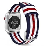 MoKo Band for Apple Watch Series 3 Bands, Fine Woven Nylon Adjustable Replacement Wristband Strap for iWatch 38mm 2017 series 3 / 2 / 1, Blue & White & Red (Not fit 42mm Versions)