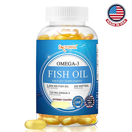 Spoonful Omega 3 Fish Oil Enteric Coated 2400mg, 200 Capsules, Rapid Release Softgel Capsules, Burpless, Made in USA, NSF-Certified