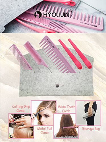 HYOUJIN 5in1 6ps Pink Professional Hair Styling Comb Set kit Beard Comb kit set & Heat-resistance w/Cutting Comb + Wide tooth comb + Pintail comb + 2 Hair Clips & Felt Pouch - Thumbnail 2