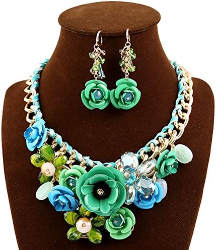 FURONG Women Flower Charm Crystal Chunky Chain Bib Statement Choker Collar Necklace Earing Set,Green