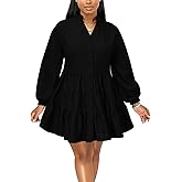 ENOPINK Womens Dresses Long Sleeve V Neck Casual A Line Flowy Swing Shirt Dress Mini Dress