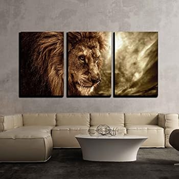 wall26 - 3 Piece Canvas Wall Art - Lion Against Stormy Sky - Modern Home Decor Stretched and Framed Ready to Hang - 24