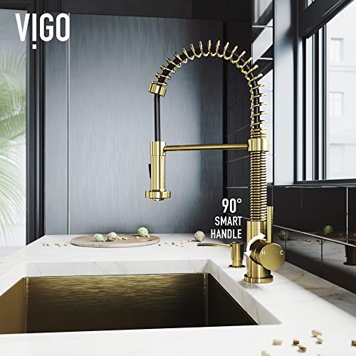 VIGO Commercial Single Hole Lead-Free Single Handle Dual Action Solid Brass Kitchen Sink Edison Smart Faucet, Kitchen Faucets With Pull Down Sprayer and Soap/Lotion Dispenser in Matte Brushed Gold