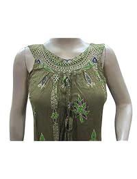 Mogul Women's Hippie Tunic Dress Green Sequin Embroidered Tank Top Blouse M