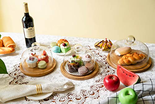 Wood Cake Stand with Dome Glass Cheese Pastry Dome Plate Bamboo Tray Dessert Stand Server Serving Platter Use as Salad Punch Bowl/Veggie Desert Platter Ã˜ 21x16cm