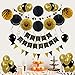 ZERODECO Birthday Party Decoration, Happy Birthday Banner with Paper Fans, Honeycomb Balls, Triangular Pennants, Circle Paper Garland, Hanging Swirls and Balloons - Black and Imitation-Gold