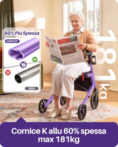 Kekoy Deambulatore per Anziani 4 Ruote con Seduta, Pieghevole, 181 kg Portata, Sedile 44 cm Largo, Ruote 25 cm Per Tutti I Terreni, Altezza Regolabile, Freni con Cavi Nascosti, Portaoggetti, Viola