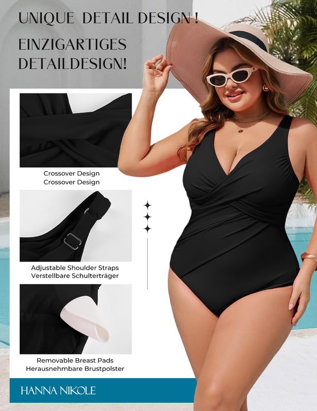 Hanna Nikole Women's Tummy Control Swimsuit Large Sizes Push Up Swimwear One-Piece Shape Swimsuits Elegant Swimwear Crossover Monokinis Adjustable Swimsuit Comfortable Beachwear