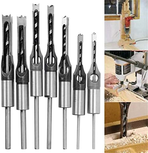 7 Pcs Square Hole Drill Bit Set Steel Mortising Drilling Woodworking Tools Mortiser Drill Bits Mortising Chisel Set Woodworking Electric Drills Wood Drilling Holes Saw Chisel Set,A