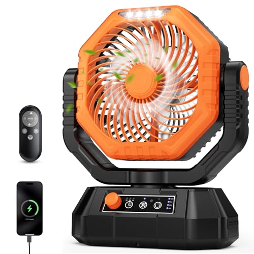 AJVV Camping Fan with Light, Remote and Oscillation, Battery Powered Hanging Tent Fan, Rechargeable Portable for Camp, Outdoor, Emergencies, Fishing, RV Travel, Jobsite