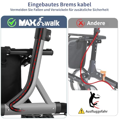 MAXWALK Rollator Foldable and Lightweight with Seat, 25 cm Rubber Non-Pneumatic Tyres for All Terrain, Integrated Pull Brake, Drink Holder, Height-Adjustable Aluminium Rollators