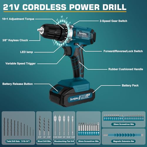 Sundpey Tool Case 255 Pieces with 21 V Cordless Drill Screwdriver Cordless Household General Case Repair Tools for Homeowner/Auto DIY