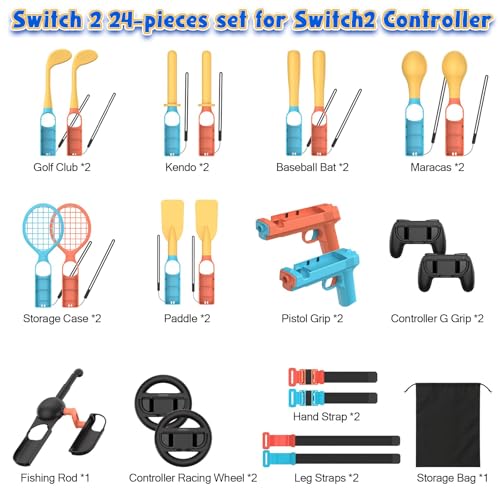Switch 2/1 Sports Accessories Bundle – 24-in-1 Sports Pack for Nintendo Switch 2/1, Authentic Sports Experience for Family and Friends, Party & Social Play, with Storage Bag