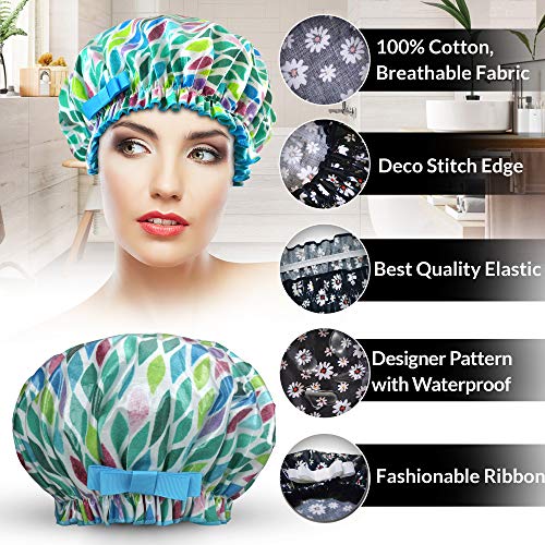 Waterproof Reusable Women Shower Caps 100% Cotton Print Bath Caps Hat Long Hair Perfect for Women - Thumbnail 4