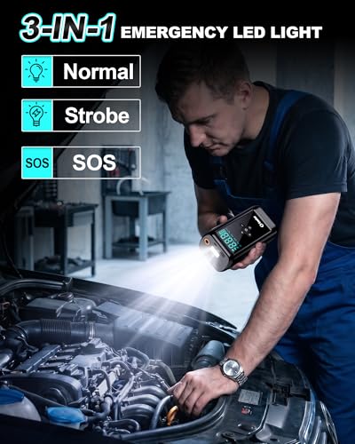 Car Battery Booster Jump Starter, 6000A Jump Starter with Air Compressor, Booster Pack with 160PSI Portable Tire Inflator (All Gas/14.0L Diesel), LED Light, EVA Case