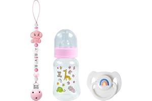 SCOM Reborn Baby Doll Accessories Set - Rainbow Magnetic Pacifiers & Removable Reusable Baby Doll Bottles with Silicone Pacifier Clips for Reallife Realistic Reborn Dolls Girls Boys, Pink Style, 3 Pcs