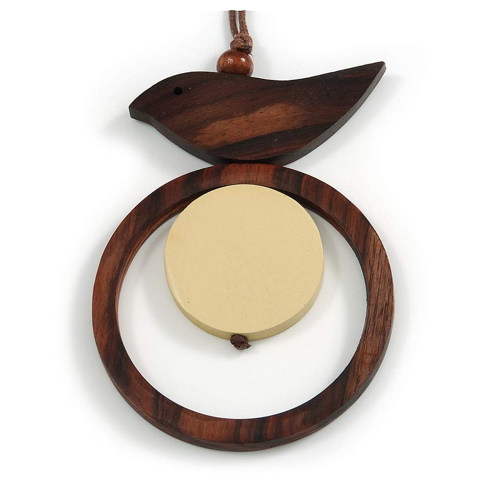 Avalaya Brown/Cream Bird and Circle Wooden Pendant Cotton Cord Long Necklace - 84cm L/ 10cm Pendant