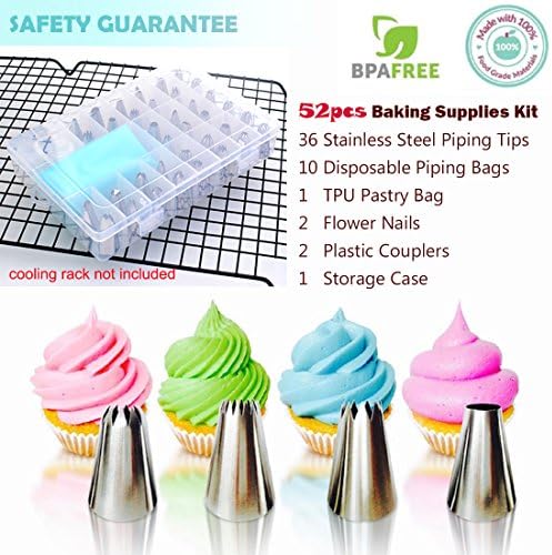 Cake Decorating Supplies 52 Piece Cookie Cupcake Decorating Baking Supplies Tools Kit Icing Frosting Piping Tips with Coupler, flower nail, Pastry Bags Set