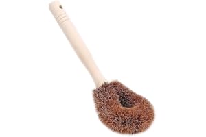 Natural Coconut Fiber Pot Brush, Long Handle Dish Scrubber for Non-Stick Pans & Cast Iron, Oil-Proof Cleaning Brush