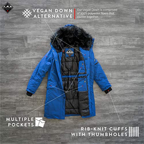 Alpine North Womens Vegan Down Long Parka Winter Jacket, Cobalt, M