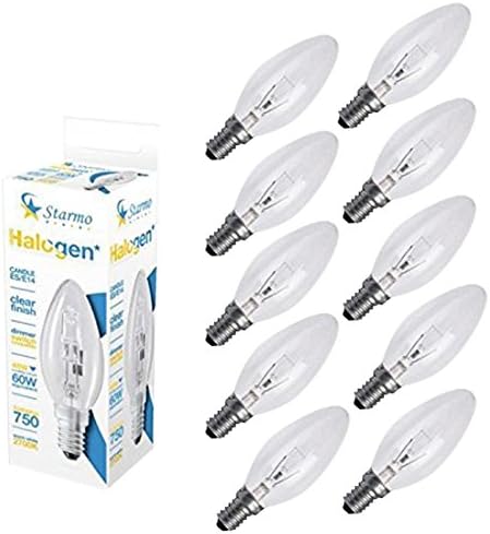 STARMO S9720COMP10 10 x 48w = 60w ES/E14 Candle Long Life Clear Eco Halogen Light Bulbs Dimmable Energy Saving 750 Lumens