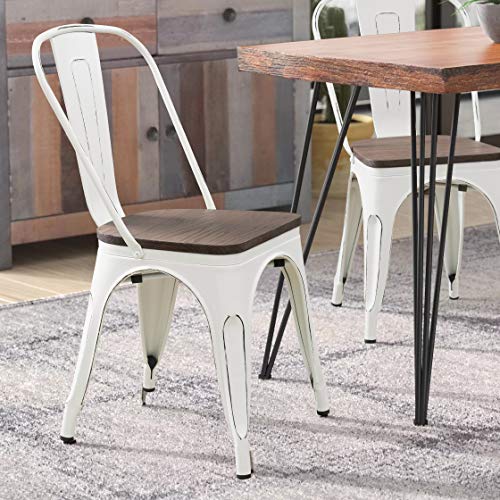 Furniwell Metal Dining Chairs with Wood Seat, Distressing Tolix Style