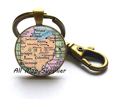 Charming Keychain,Ohio map Key Ring, Ohio map Keychain, Ohio Key Ring, Ohio Keychain, vintage map jewelry, vintage map Keychainï¼ŒA0166
