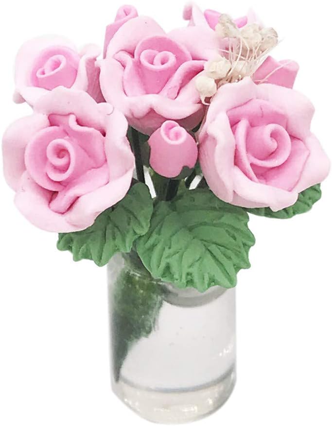 JKRTR Mini Dollhouse Miniature Green Plant Rose in Pot Fairy Garden Accessory (Pink, One Size)