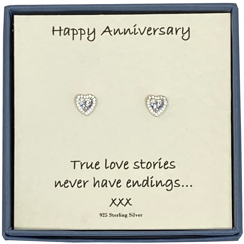 Silver and Cubic Zirconia Sparkly Heart Shaped Stud Earrings with Happy Anniversary Message Card and Gift Box for Wife or Girlfriend