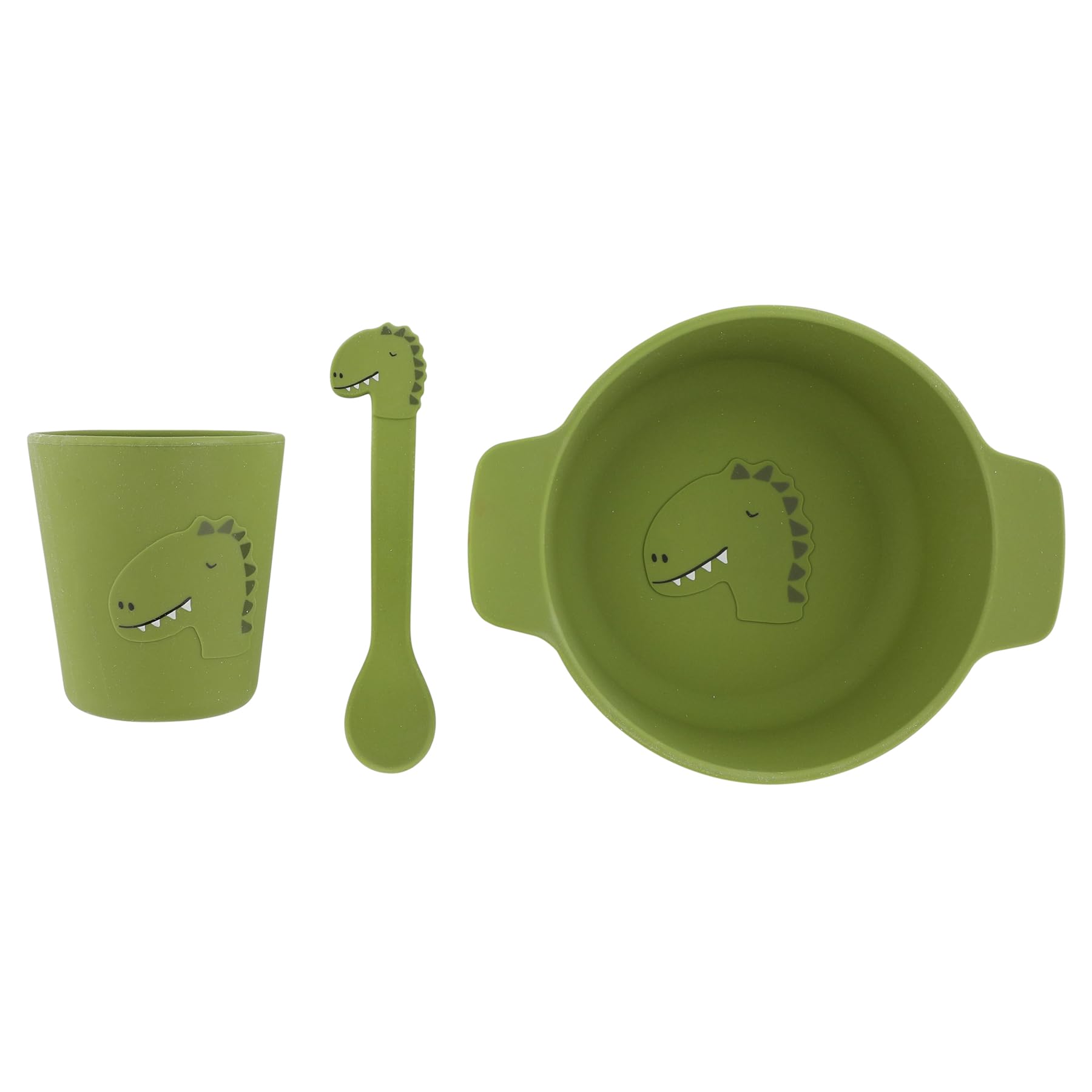 Trixie Silicone First Meal Set - Mr. Dino - Baby Feeding Set with Suction Bowl, Spoon & Cup - Soft, Durable, and Non-Toxic - Perfect for Baby-Led Weaning & Toddlers - Perfect Birth Gift